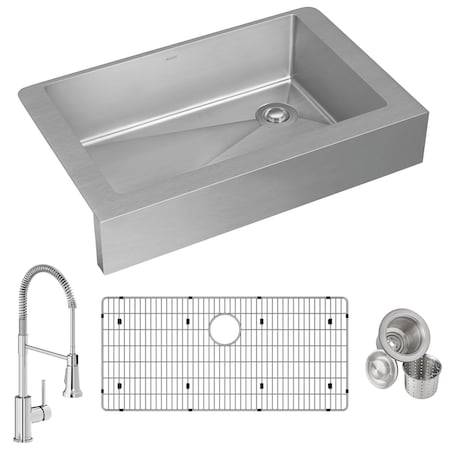 18 Gauge SS 35-7/8 X 20-1/4 X 9, Single Bowl Farmhouse Sink & Faucet Kit W/Bottom Grid & Drain